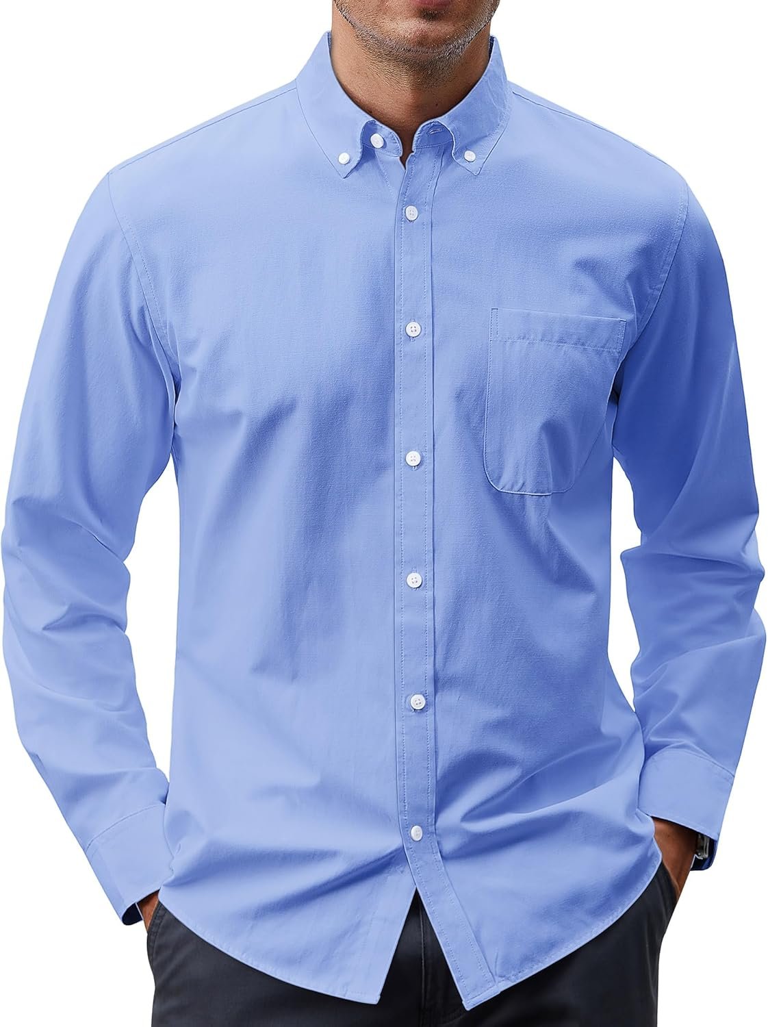 Men's Oxford Shirt Solid Casual Button Down Collar Shirts Long Sleeve Dress Shirts with Pocket